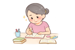 勉強を頑張る中高年女性のイラスト｜無料素材（透過PNG・商用OK）