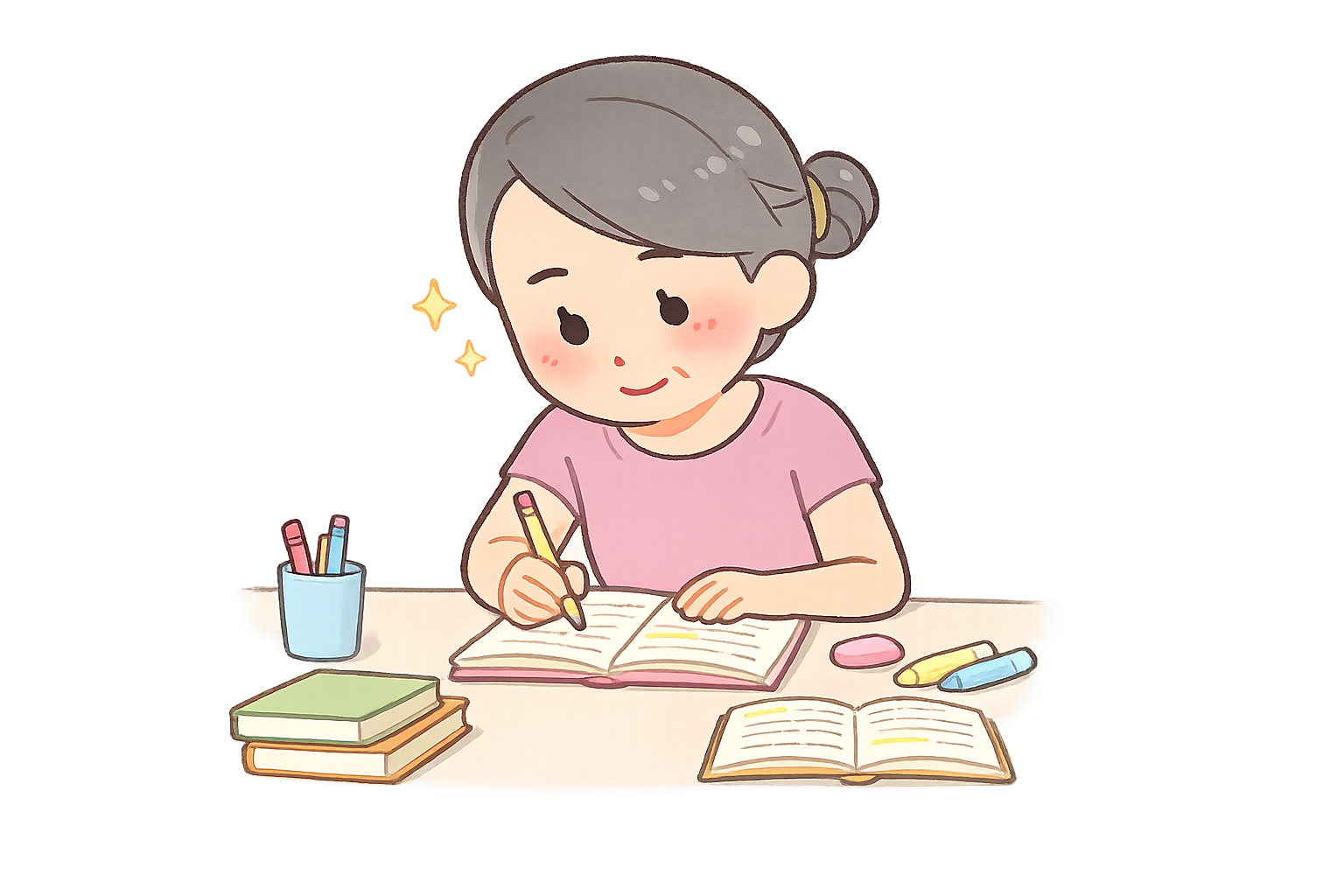 勉強を頑張る中高年女性のイラスト｜無料素材（透過PNG・商用OK）