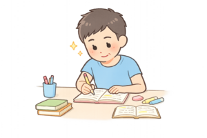 勉強を頑張る中高年男性のイラスト｜無料素材（透過PNG・商用OK）