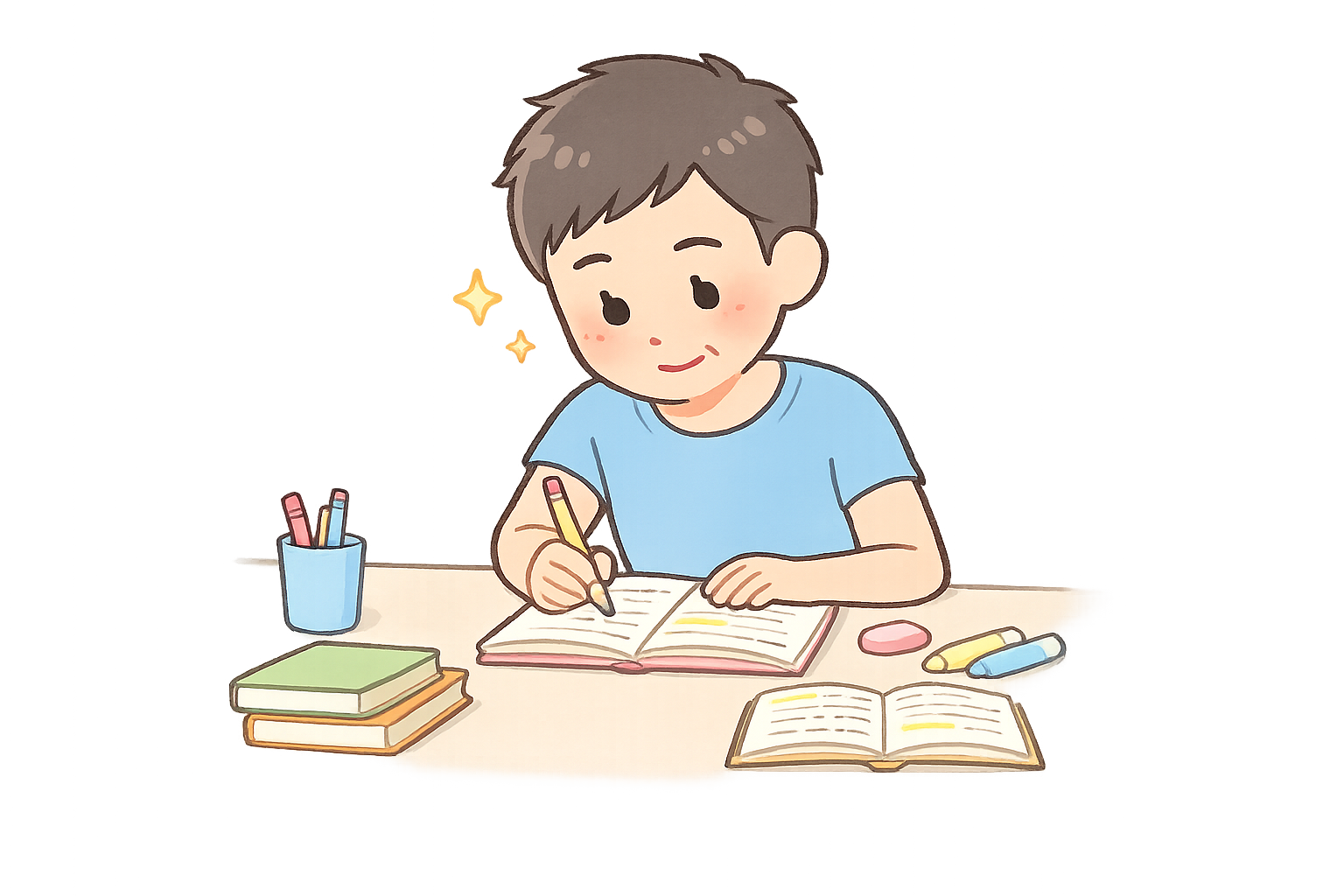 勉強を頑張る中高年男性のイラスト｜無料素材（透過PNG・商用OK）