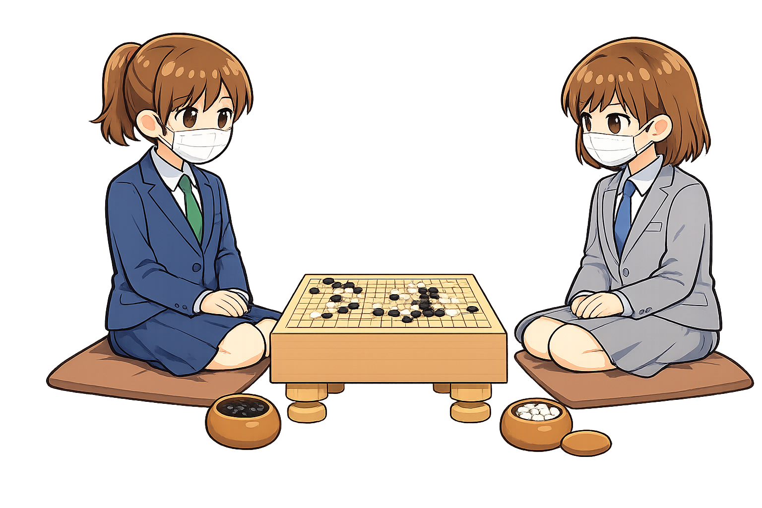 囲碁対局をする女性棋士のイラスト｜無料素材（透過PNG・商用OK）