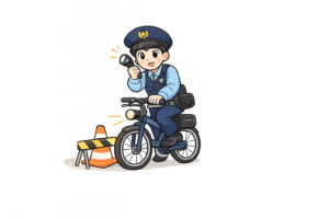 町をパトロールする警察官のイラスト｜防犯・見回りの無料素材（透過PNG・商用OK）