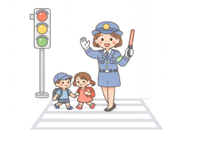 交通安全を呼びかける警察官のイラスト｜横断歩道・交通整理の無料素材（透過PNG・商用OK）