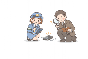 事件を調べる警察官のイラスト｜捜査・刑事・防犯の無料素材（透過PNG・商用OK）