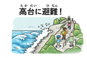 津波発生時は高台へ避難するイラスト｜防災・避難行動の注意喚起素材（透過PNG・商用OK）